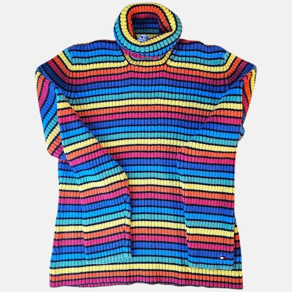 Vintage Tommy Hilfiger Ribbed Turtleneck Sweater Rainbow Stripe Black Size L π - Picture 4 of 8